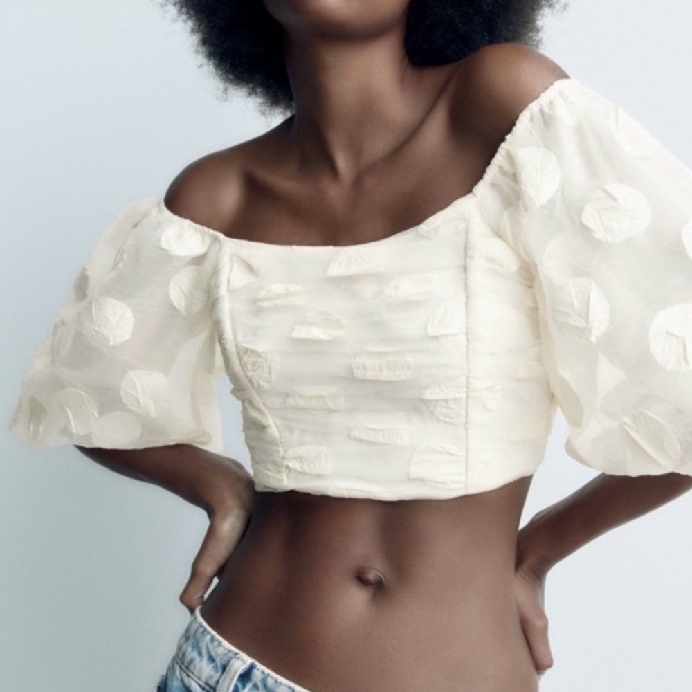 Zara Cream Textured Blouse with Puff Sleeves